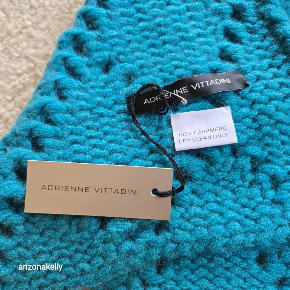 NWT Cashmere Knit Scarf Teal Blue Green Adrienne Vittadini Chunky Pointelle